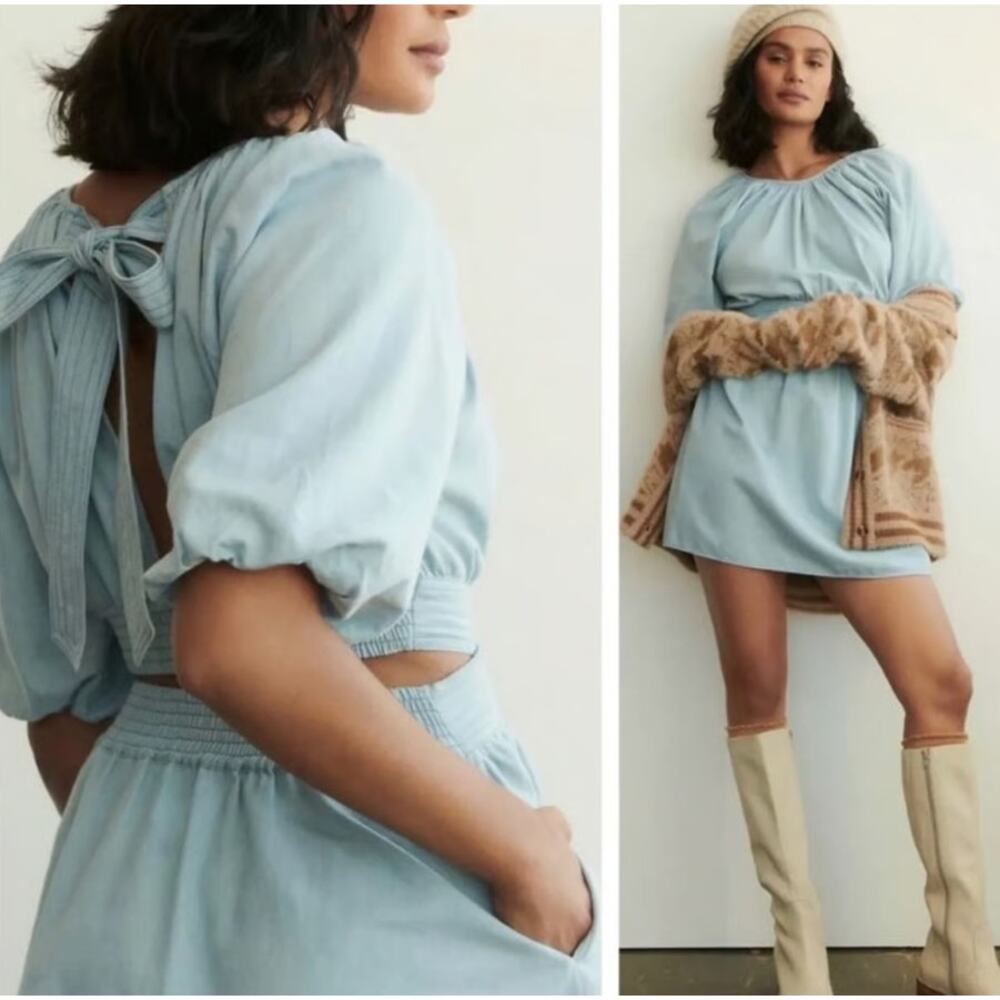 NWT Love The Label Anthropologie Chambray Puff Sleeve Blue Mini Dress Sz M $265